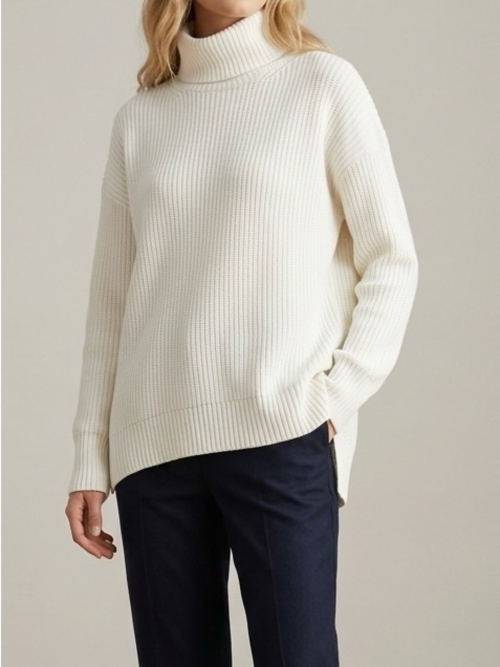 J.Crew Cotton Cashmere Ribbed Turtleneck Sweater White XS Quiet Luxury